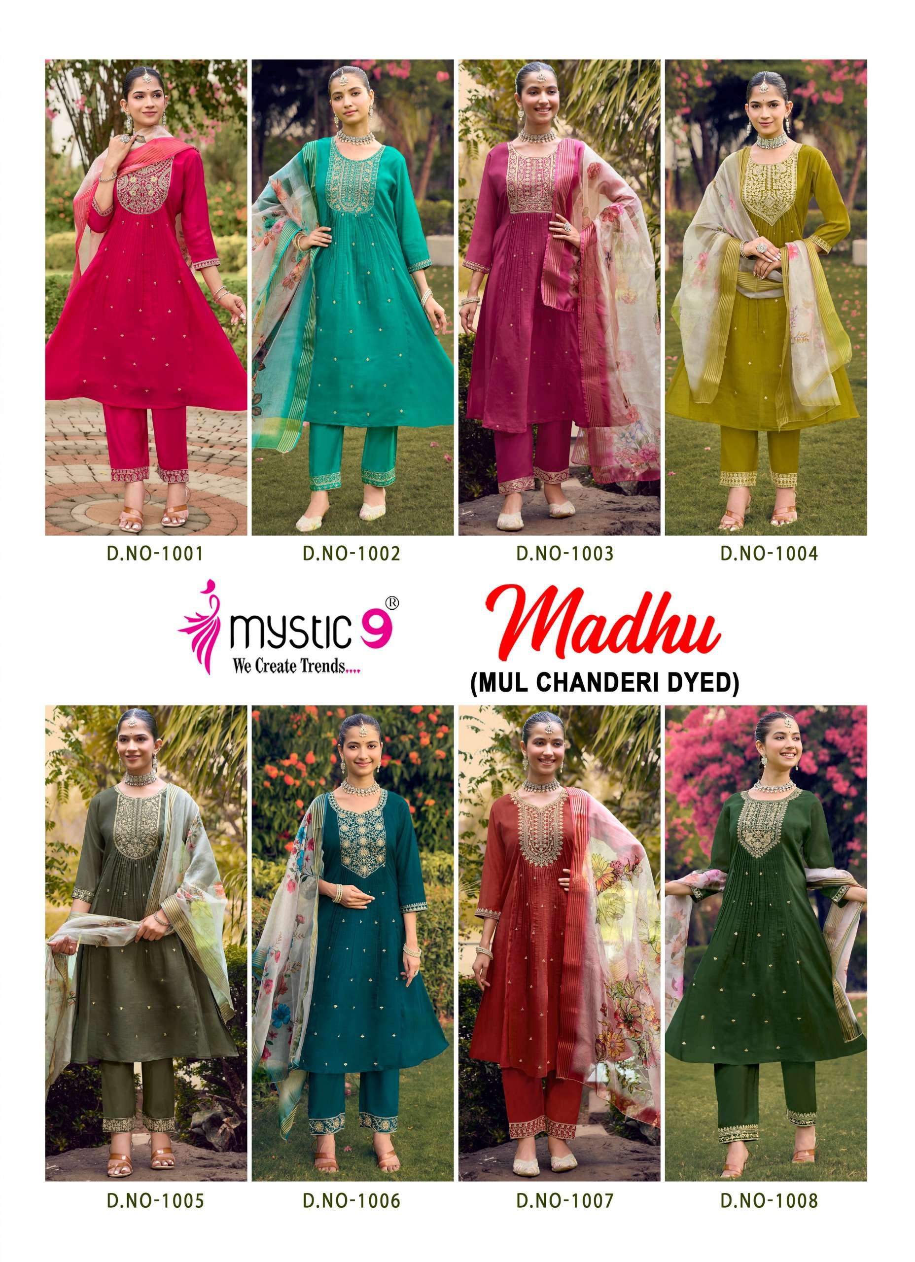 MYSTIC 9 MADHU VOL 1 CHANDERI DYED FLARED CUT CATALOGUE RUND KURTI PANT SUIT TEENAGE BUY